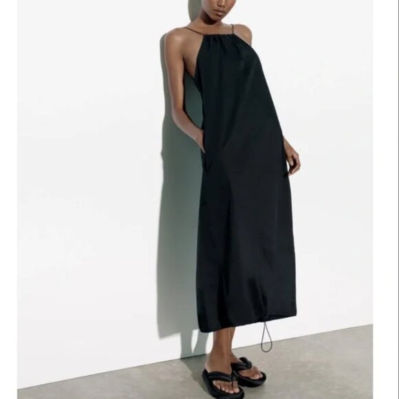 Zara Gabardine Toggle Nylon Maxi Dress Drawstring Bungee Cord, Black, Women's XS - Picture 1 of 12